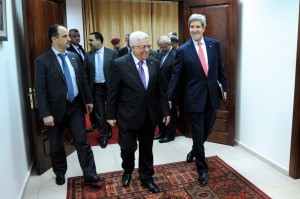 Palestinian Authority President Mahmoud Abbas welcomes U.S. Secretary of State John Kerry in the West Bank. State Department Photo/Public Domain
