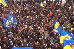 Screen shot from Russian television of protestors in Ukraine.