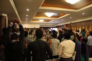 Indigenous pastors worship at Global Advance's training session.  (Image courtesy Global Advance)