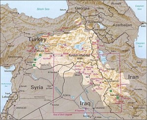 Kurdistan territory covers four nations: Iraq, Iran, Turkey and Syria. (Map courtesy CIA)