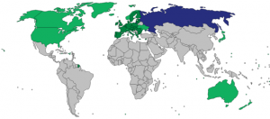 Countries that placed sanctions against Russia (purple) in 2014. 