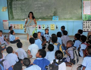 Gina teaching children about Jesus at a public school