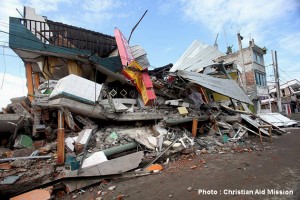 (Photo and caption courtesy Christian Aid Mission) Downed building in Pedernales, Ecuador.