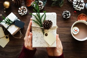 Unsplash, present, gift, Christmas, box, wrapping, hands, pinecones