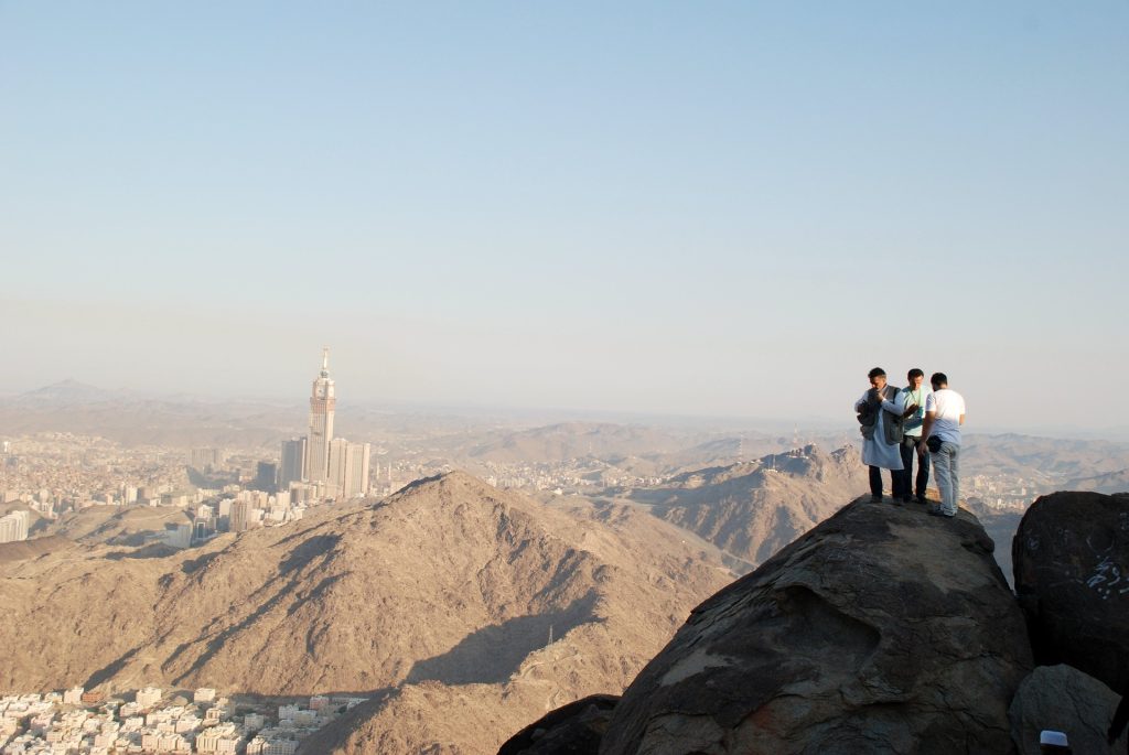 Mecca, Saudi Arabia, Muslim, men, friends, mountains, sky, land, landscape